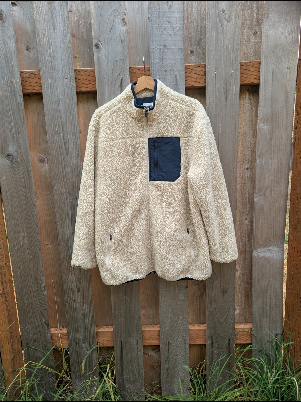 Old Navy Cream Sherpa Zip-Up Jacket with Navy Chest Pocket